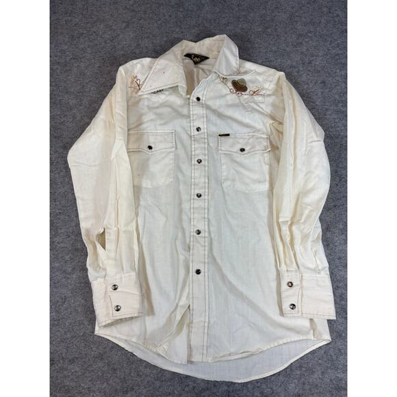 VINTAGE 80s Lee Western Shirt Men Medium Cream Pearl Snap USA Embroidered Cowboy - Picture 1 of 7